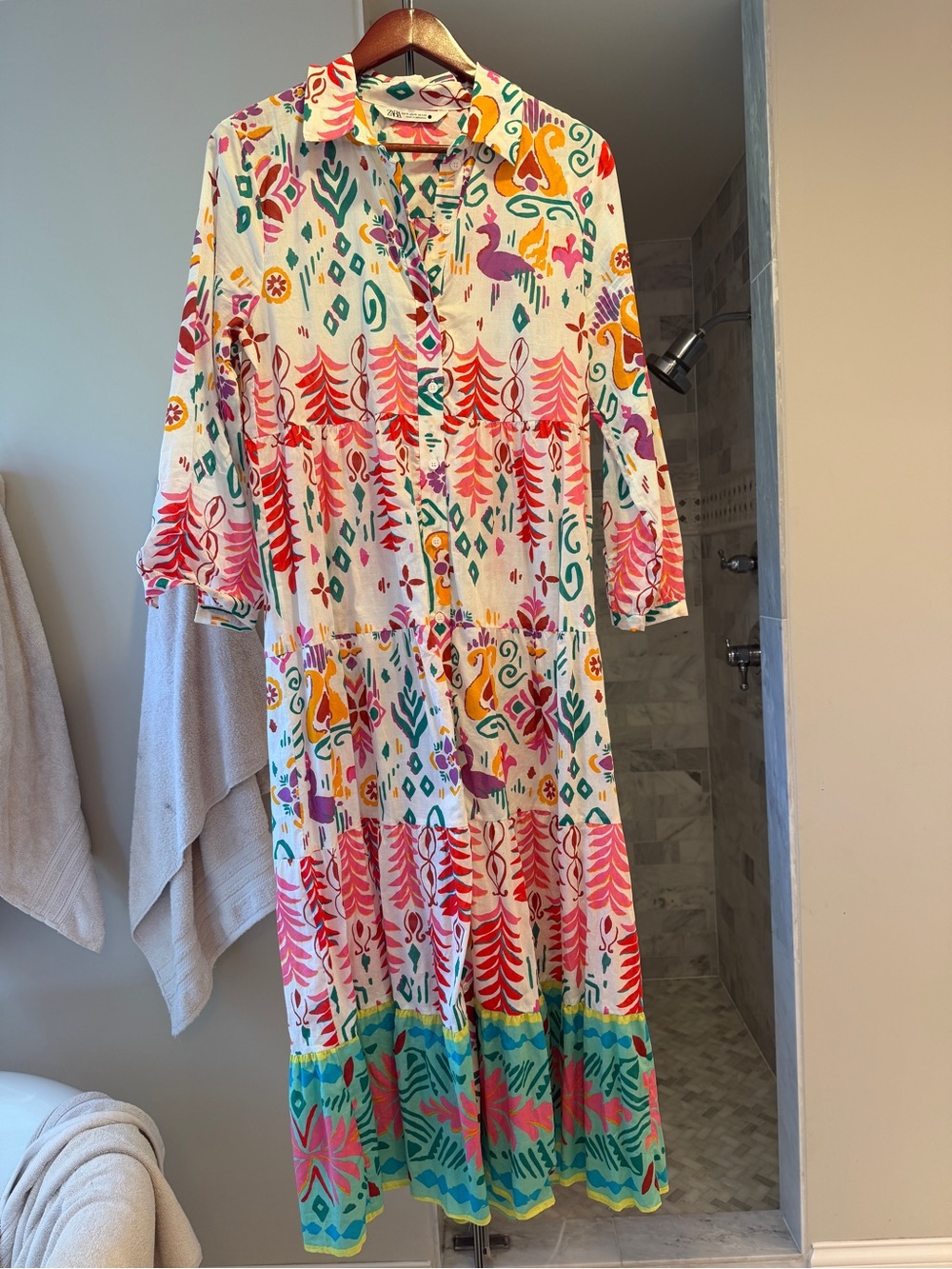 Zara Multicolor Printed Maxi Shirt Dress in Red, Pink, Teal and Yellow